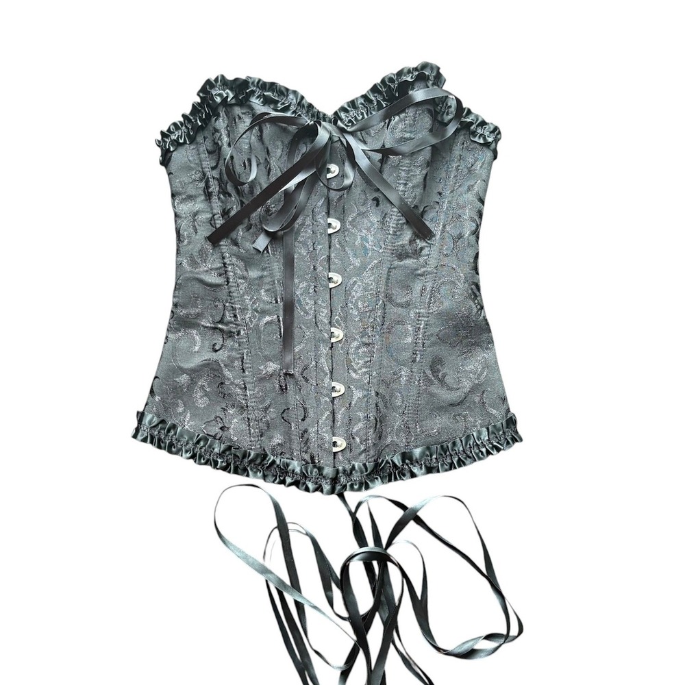 Renaissance‎ Fair Black Brocade Corset Top Ribbon Ties XS Gothic Dark Coquette